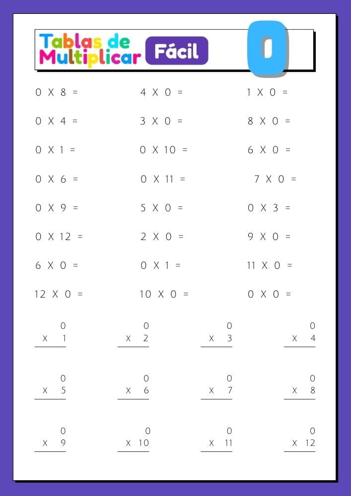 Imágenes con ejercicios para imprimir de la tabla del 0